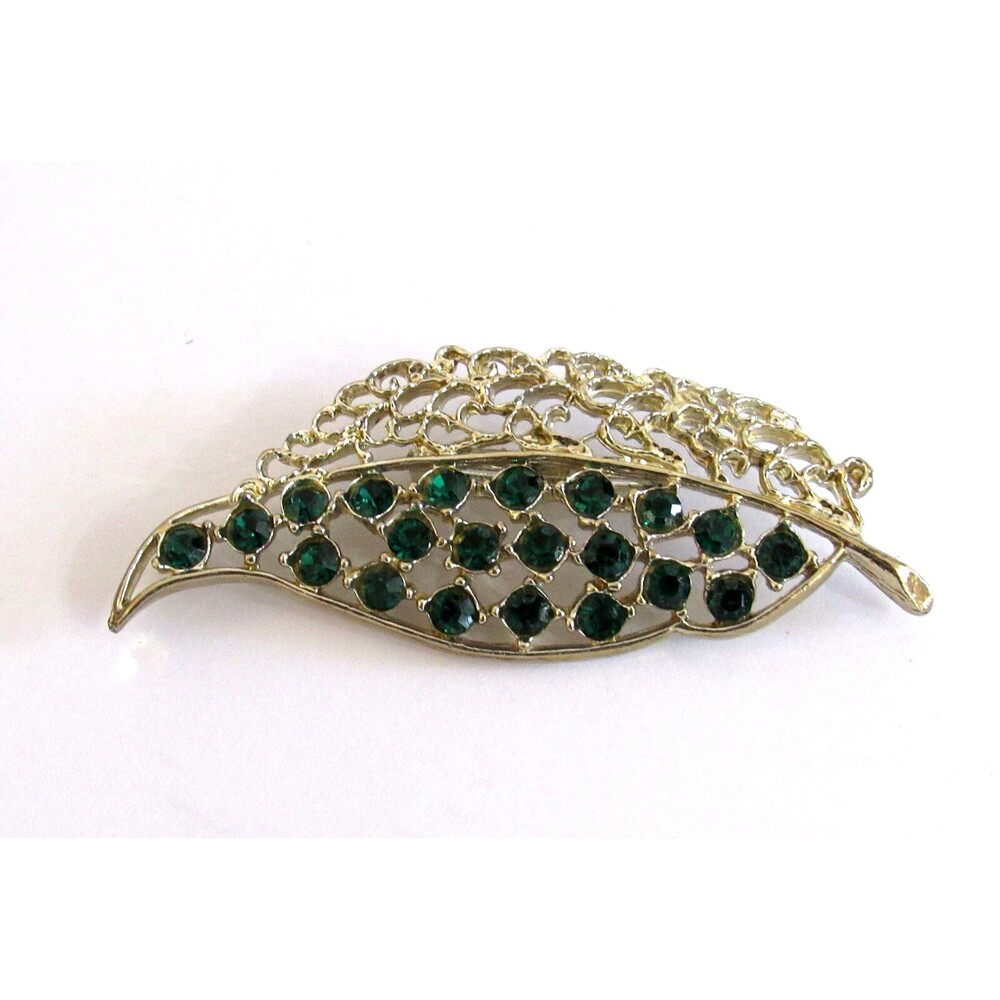 Vintage Green Rhinestone Gold Tone Leaf Brooch Pin Fashion Costume Jewelry